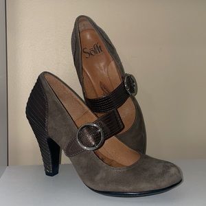 Sofft Olive Suede and Patent Brown Oxford Heels